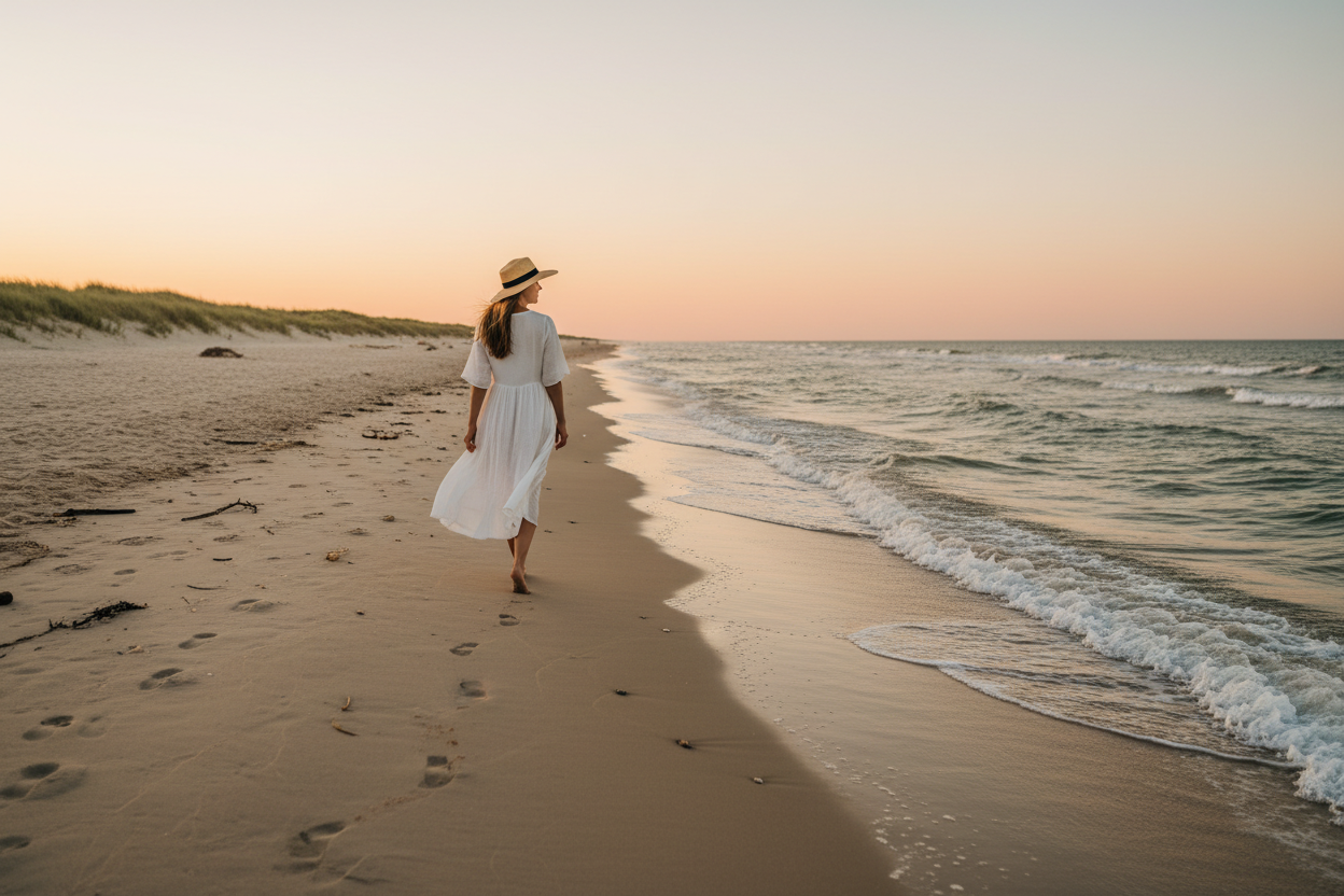 vrouw die op een strand loopt